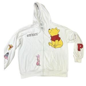 Disney Winnie‎ the Pooh Embroidered Parch Zip-Up Hoodie, Womens XL White Piglet